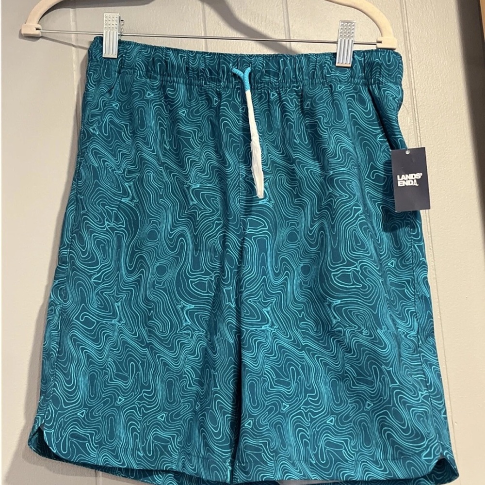 NWT Lands End Boys XL Swim Trunks Shorts Bathing Suit Green Swirl Pattern NEW